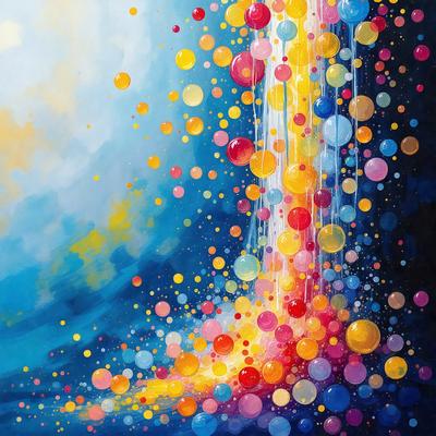 The primary subject of the image is a painting featuring a colorful, abstract design. The setting is a blue background, and the visual style is a combination of digital art and illustration. The dominant colors in the painting are yellow, orange, and blue, creating a vibrant and lively atmosphere.